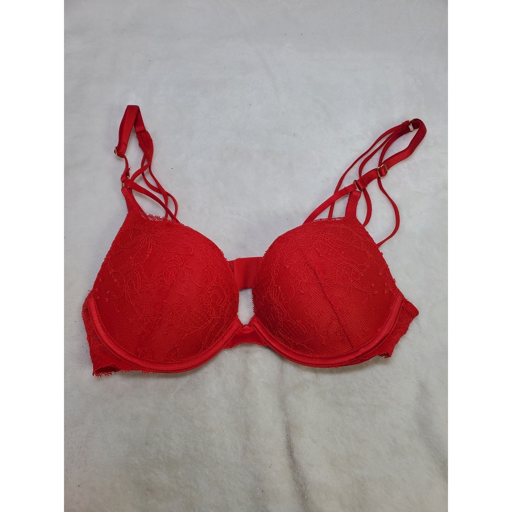 Victoria's Secret Very Sexy Push Up Padded Bra Red Lace Strappy‎ Size 32B
